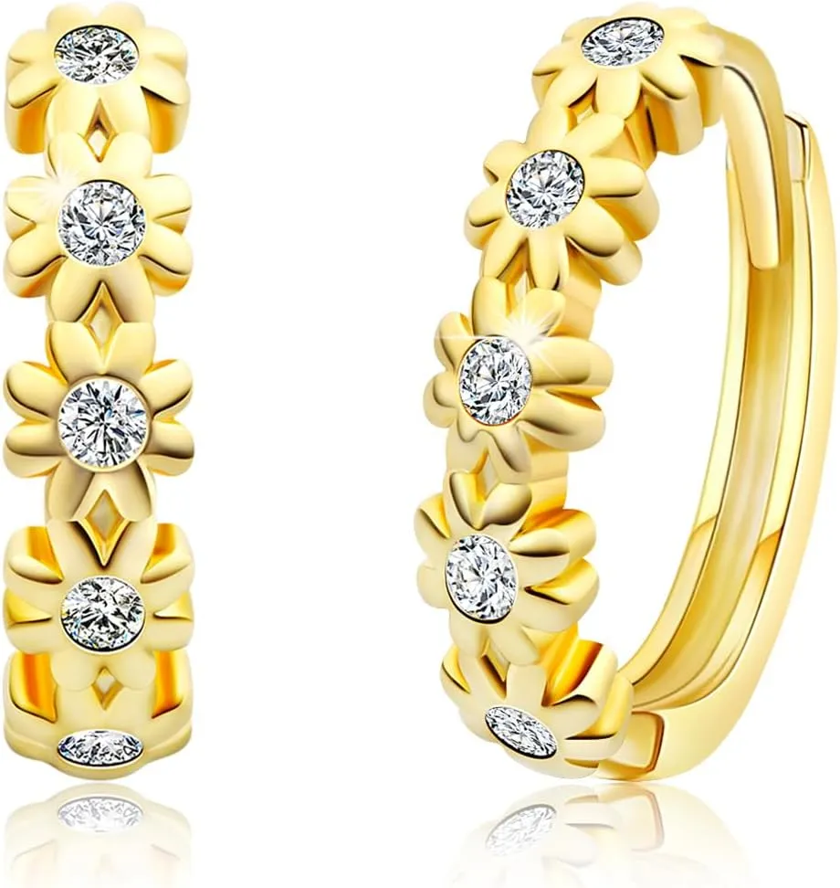 Huggie Earrings for Women Hypoallergenic Earrings for Girls Mini 14K Yellow Gold Plated Toddler Kids Cubic Zirconia Daisy Flower Small Hoop Earrings