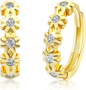 Huggie Earrings for Women Hypoallergenic Earrings for Girls Mini 14K Yellow Gold Plated Toddler Kids Cubic Zirconia Daisy Flower Small Hoop Earrings