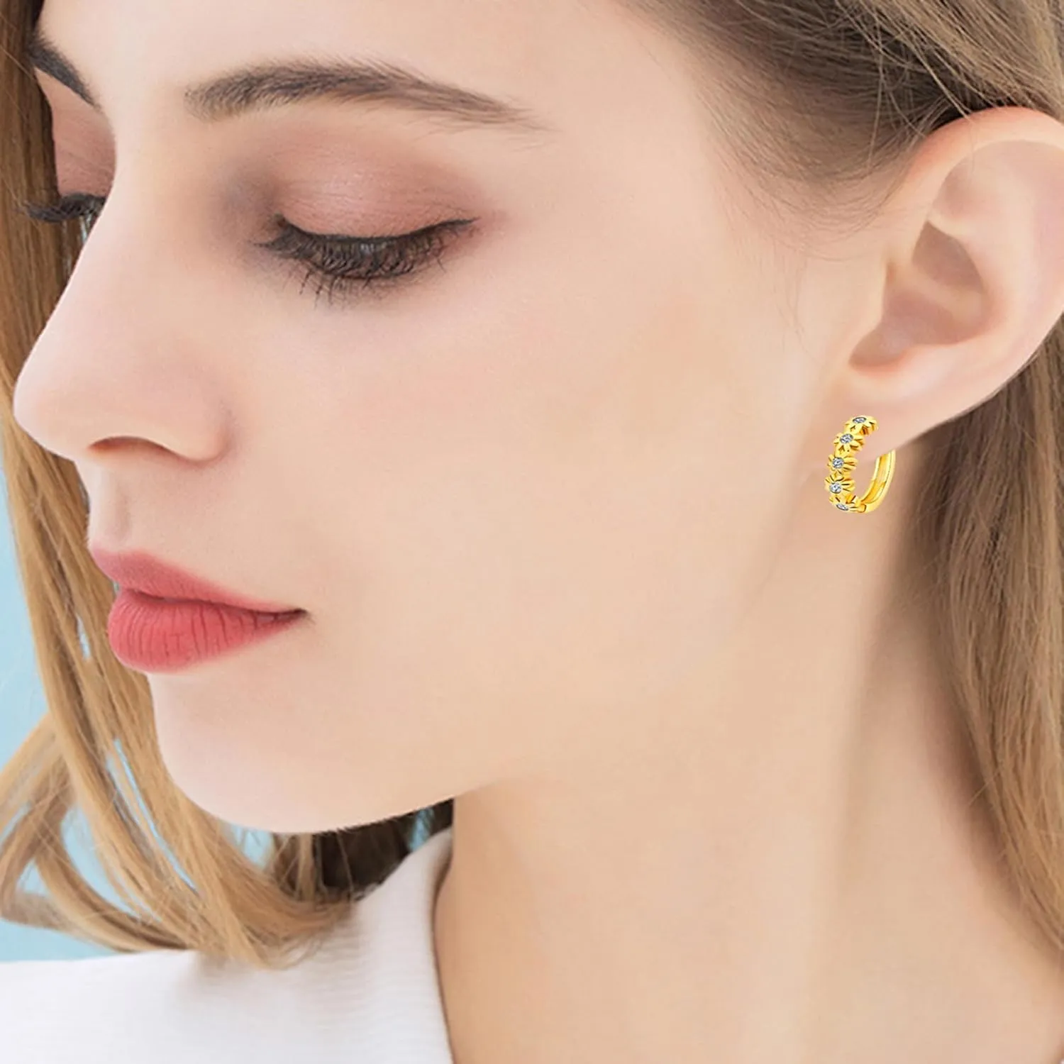 Huggie Earrings for Women Hypoallergenic Earrings for Girls Mini 14K Yellow Gold Plated Toddler Kids Cubic Zirconia Daisy Flower Small Hoop Earrings