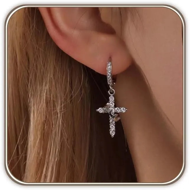 Hypoallergenic Crown Cross Earrings for Women Men, 18K Gold Plated Dangle Hoop Huggie Earrings, Fashion Diamond Jewelry Gifts