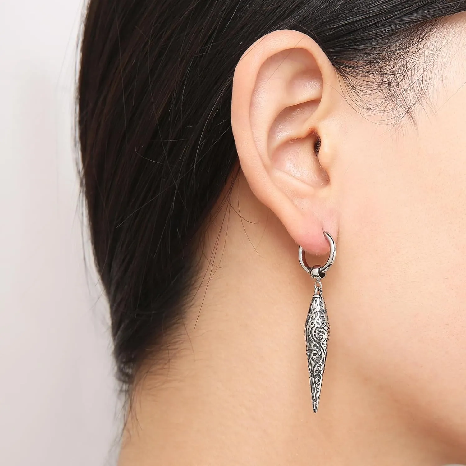 HZMAN Spike Dangle Drop Earring for Men Retro Gothic Stainless Steel Awl Earring Hinged Huggie Hoop Earring Jewelry Gift