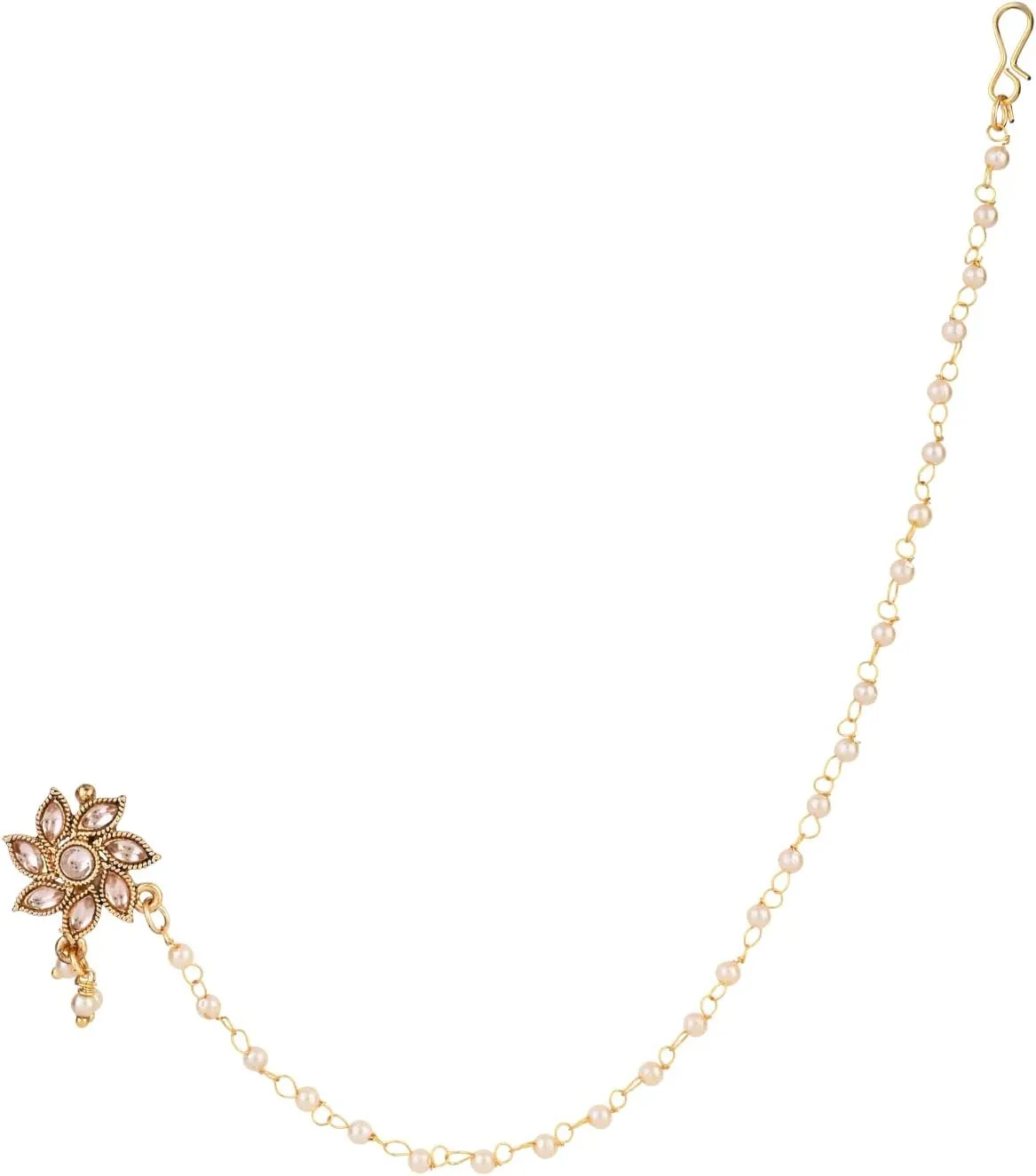 I Jewels Gold Plated Indian Wedding Bollywood Floral Design Bridal Nose Ring/Nath without piercing with Pearl Chain Encased with Pearl Stone for Women (NL108FL)
