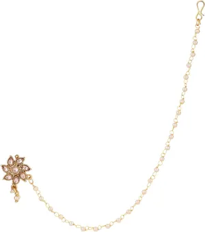 I Jewels Gold Plated Indian Wedding Bollywood Floral Design Bridal Nose Ring/Nath without piercing with Pearl Chain Encased with Pearl Stone for Women (NL108FL)