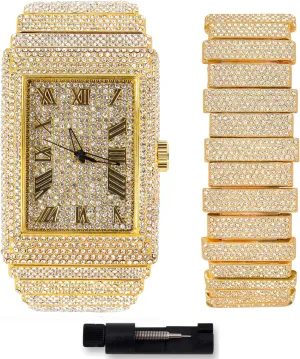 ICE STAR Men's 40mm Fully Iced Out Watch & Bracelet Set, Rectangle Case