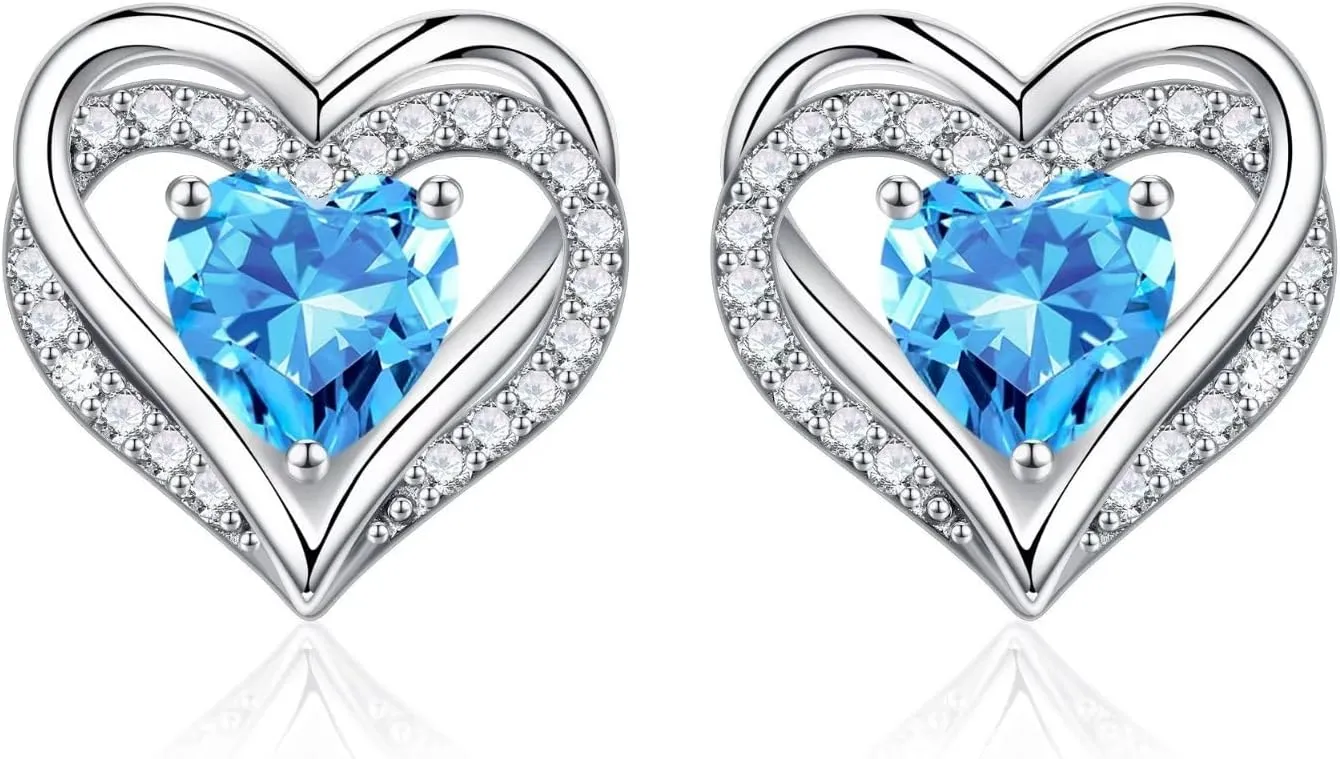 Iefil Birthstone Earrings for Women, S925 Sterling Silver Birthstone Heart Stud Earrings Birthday Gifts for Women