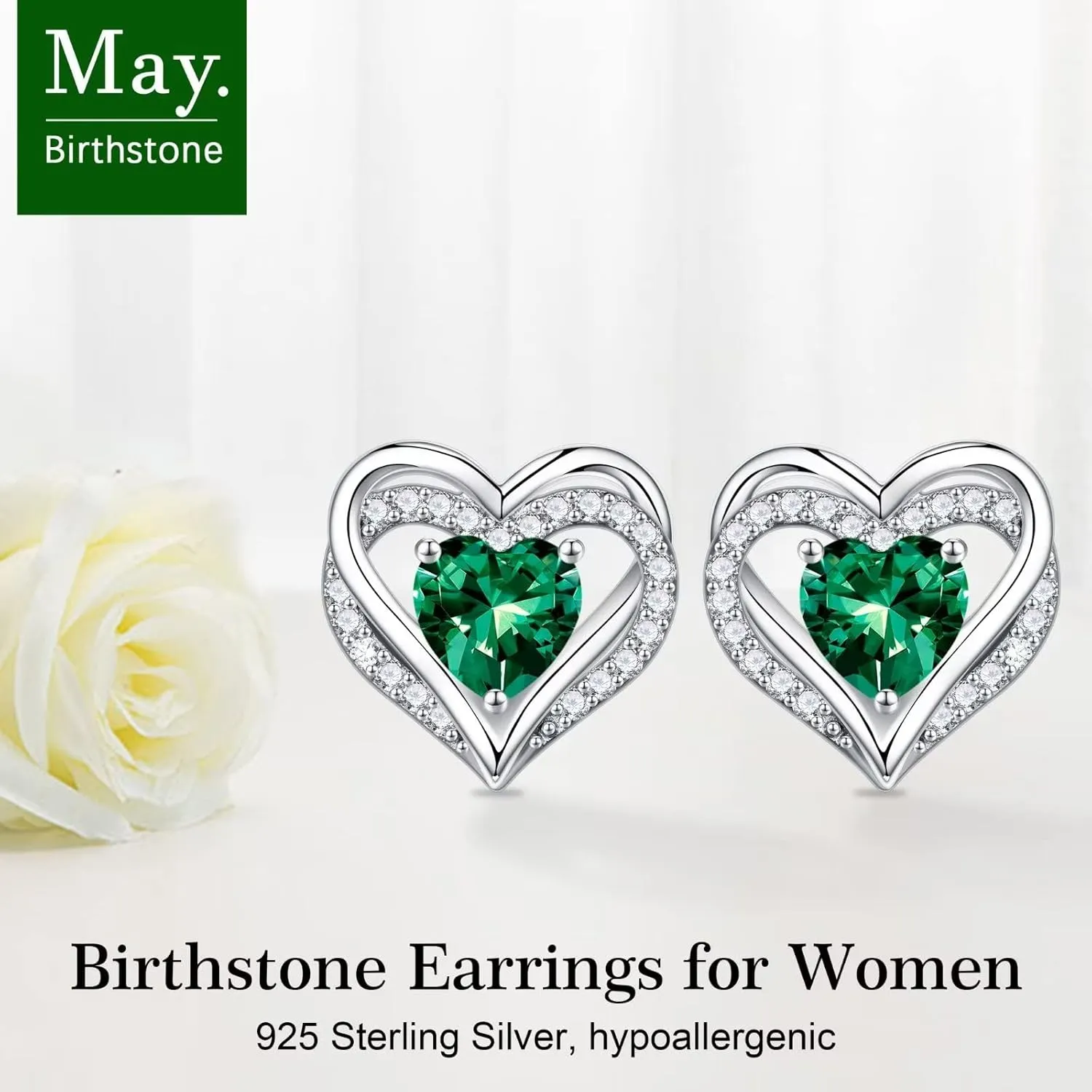 Iefil Birthstone Earrings for Women, S925 Sterling Silver Birthstone Heart Stud Earrings Birthday Gifts for Women