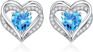Iefil Birthstone Earrings for Women, S925 Sterling Silver Birthstone Heart Stud Earrings Birthday Gifts for Women