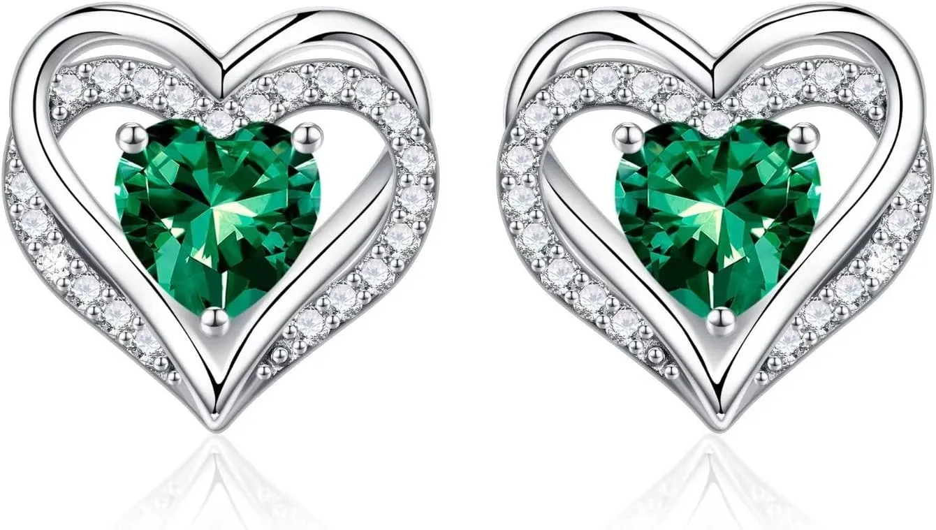 Iefil Birthstone Earrings for Women, S925 Sterling Silver Birthstone Heart Stud Earrings Birthday Gifts for Women