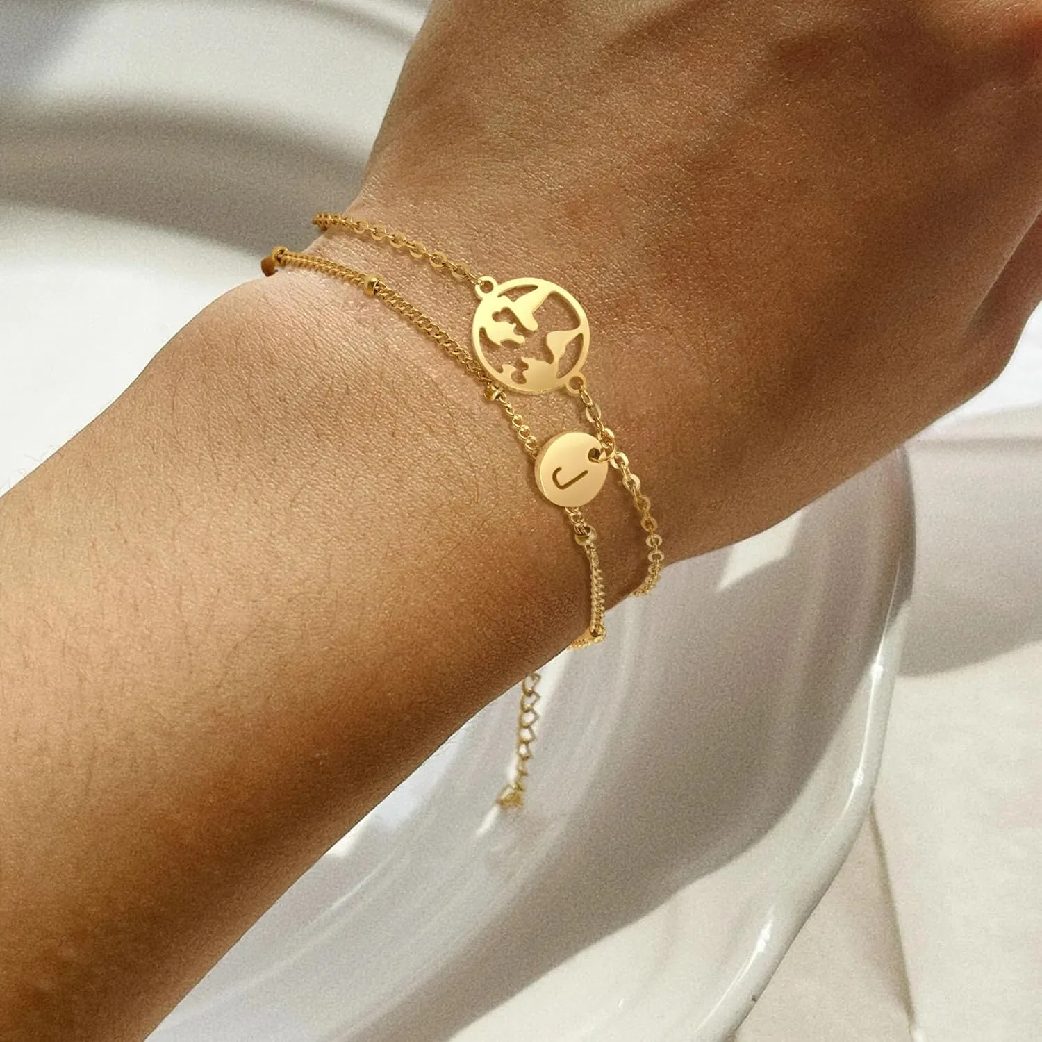 Initial Bracelets for Women, Dainty Gold Bracelets with Map Charm Adjustable Layered Initial Bracelet with Map for Travel Lover/Friend/Daughter/Sister Valentine Gifts for Her/Women