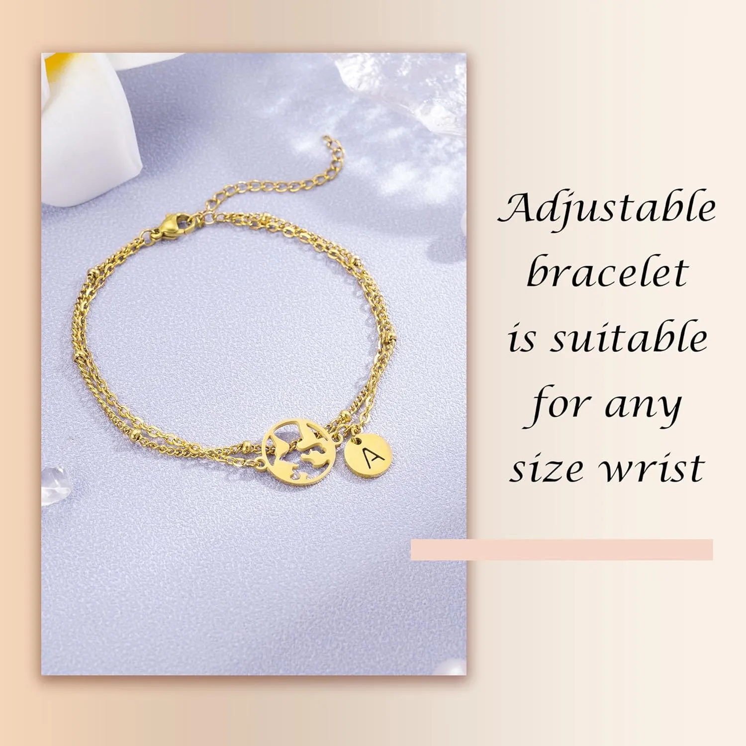 Initial Bracelets for Women, Dainty Gold Bracelets with Map Charm Adjustable Layered Initial Bracelet with Map for Travel Lover/Friend/Daughter/Sister Valentine Gifts for Her/Women