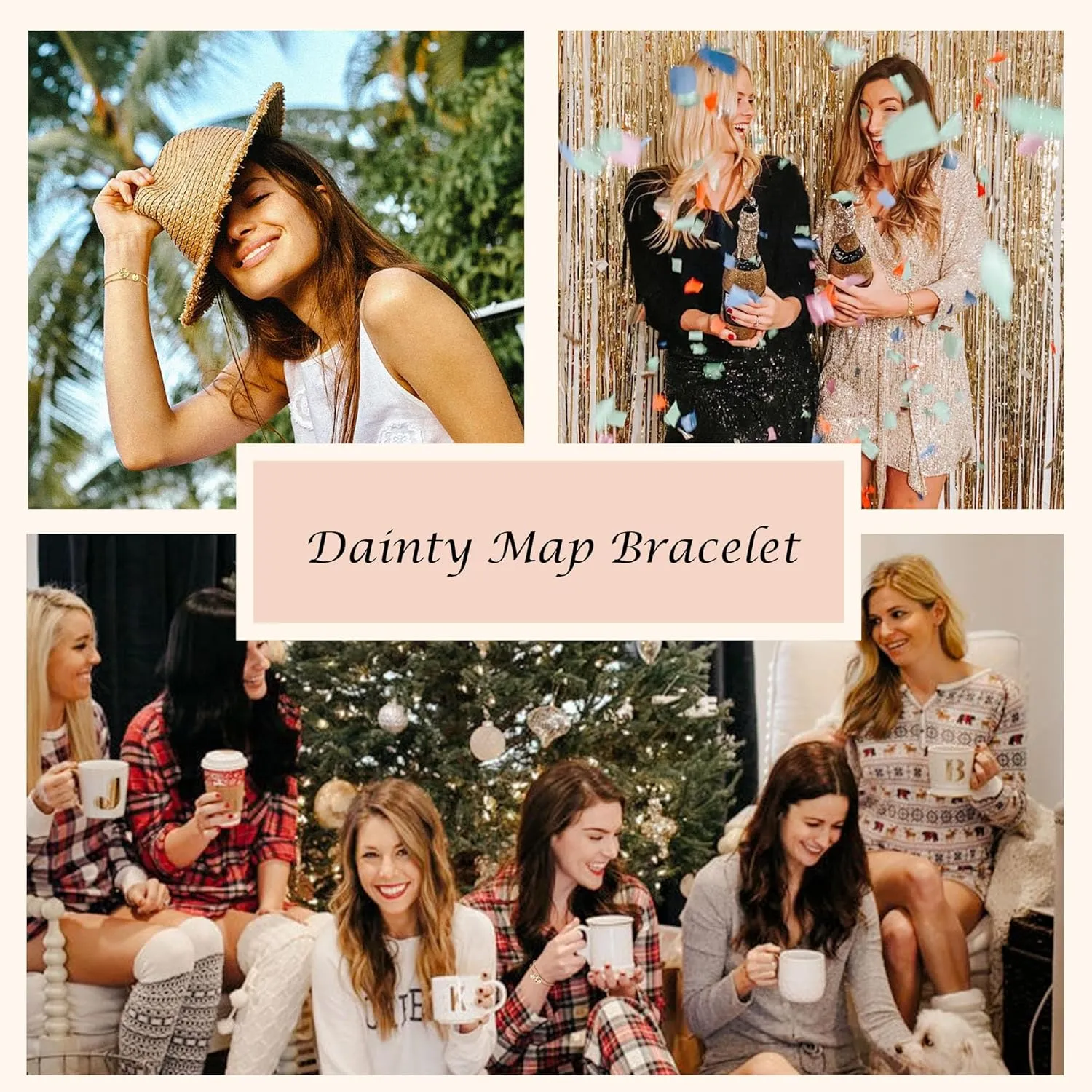 Initial Bracelets for Women, Dainty Gold Bracelets with Map Charm Adjustable Layered Initial Bracelet with Map for Travel Lover/Friend/Daughter/Sister Valentine Gifts for Her/Women