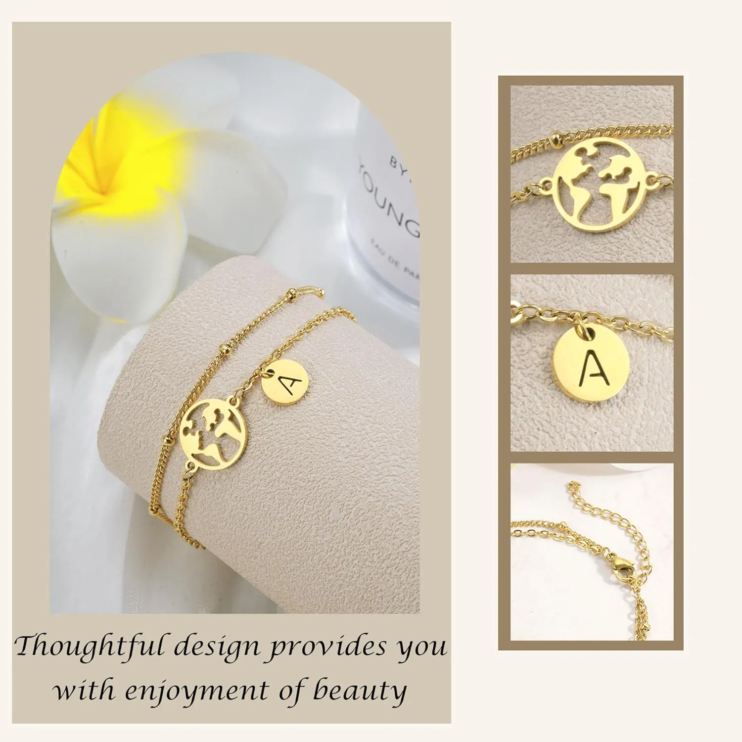 Initial Bracelets for Women, Dainty Gold Bracelets with Map Charm Adjustable Layered Initial Bracelet with Map for Travel Lover/Friend/Daughter/Sister Valentine Gifts for Her/Women