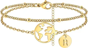 Initial Bracelets for Women, Dainty Gold Bracelets with Map Charm Adjustable Layered Initial Bracelet with Map for Travel Lover/Friend/Daughter/Sister Valentine Gifts for Her/Women