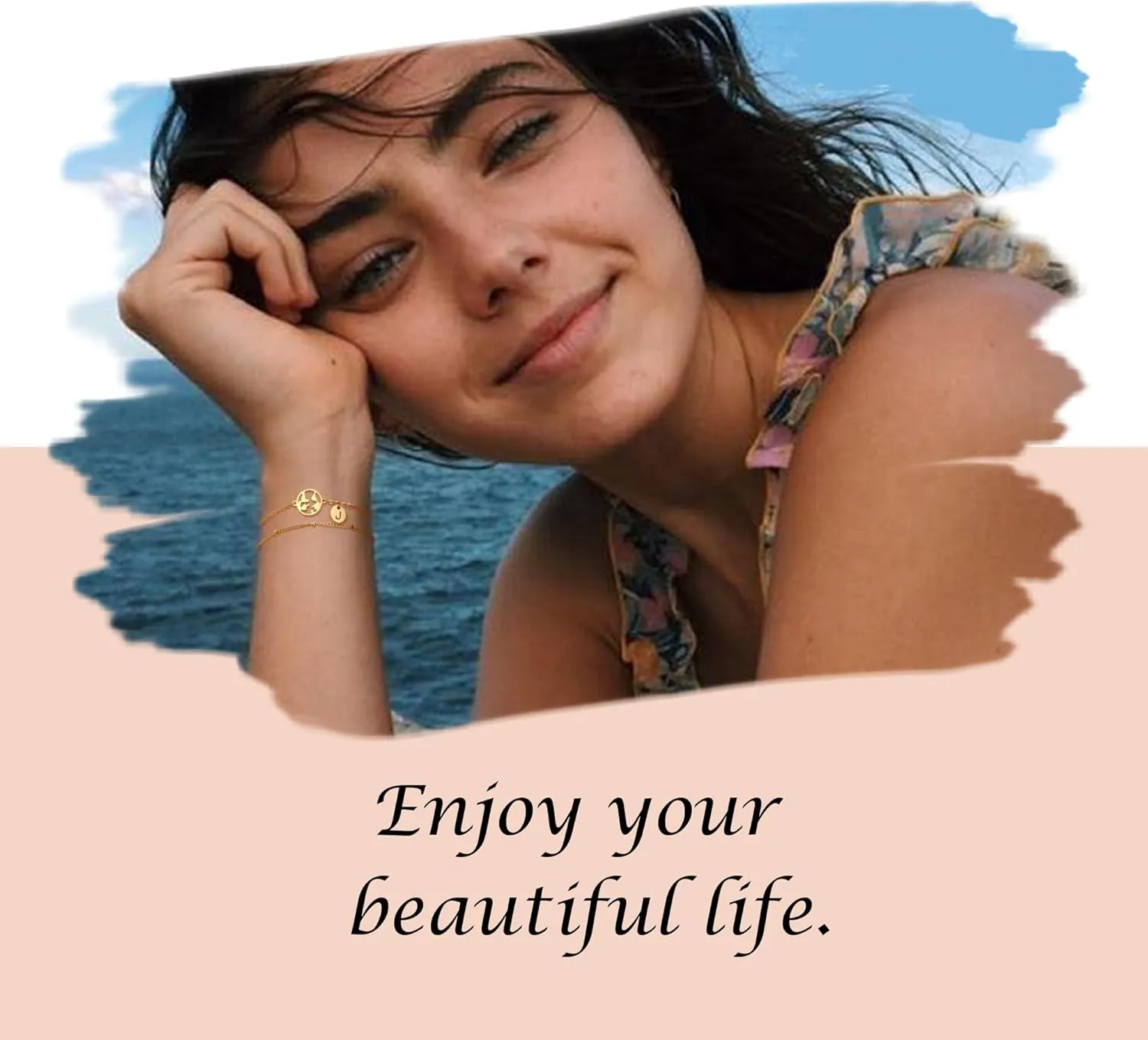 Initial Bracelets for Women, Dainty Gold Bracelets with Map Charm Adjustable Layered Initial Bracelet with Map for Travel Lover/Friend/Daughter/Sister Valentine Gifts for Her/Women