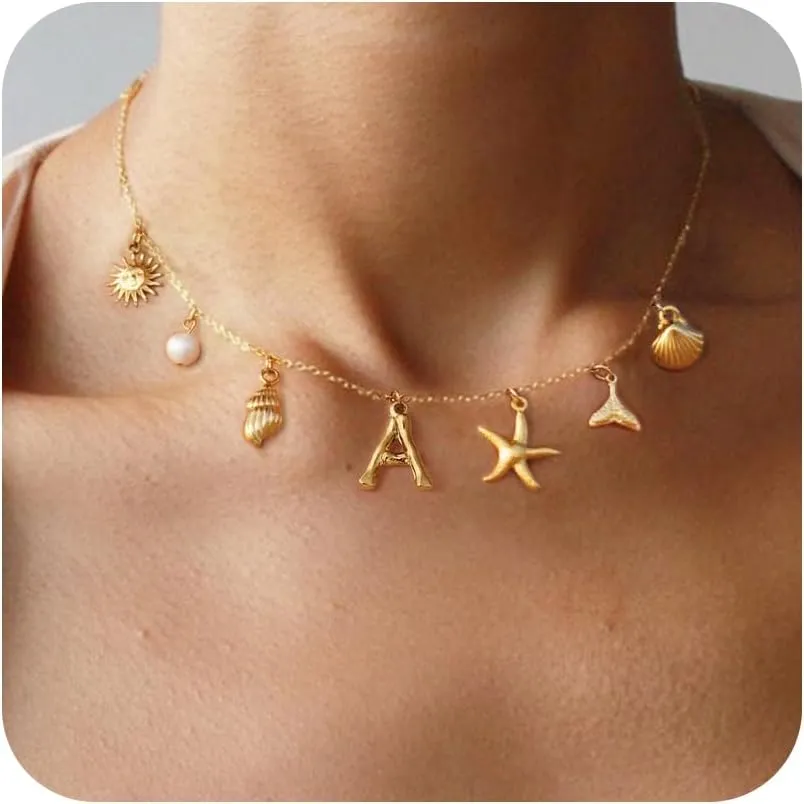Initial Charm Necklace for Women-18k Gold Plated Seashell Starfish Sun Conch Shell Mermaid Pendant Necklace, Boho Summer Beach Jewelry Gifts for Surfer Vacation Essentials