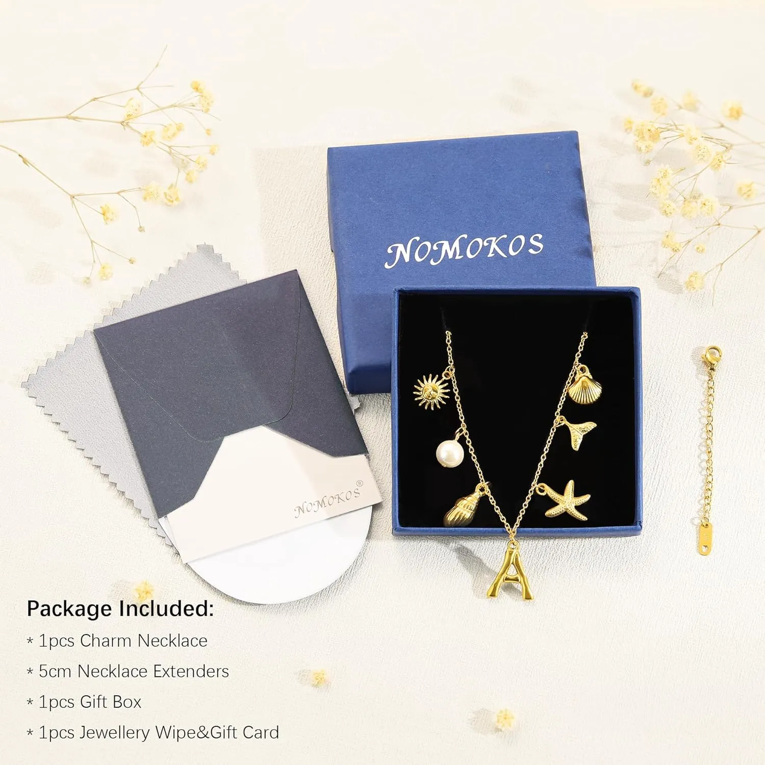 Initial Charm Necklace for Women-18k Gold Plated Seashell Starfish Sun Conch Shell Mermaid Pendant Necklace, Boho Summer Beach Jewelry Gifts for Surfer Vacation Essentials