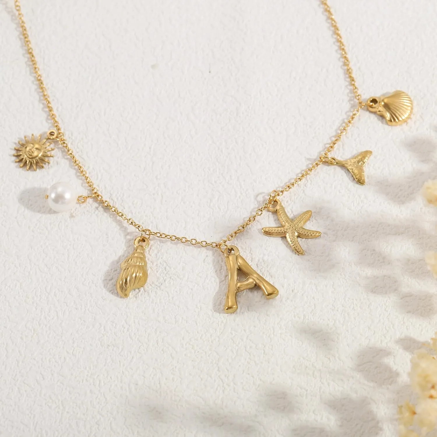 Initial Charm Necklace for Women-18k Gold Plated Seashell Starfish Sun Conch Shell Mermaid Pendant Necklace, Boho Summer Beach Jewelry Gifts for Surfer Vacation Essentials