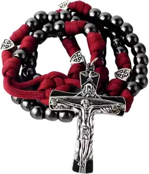 Intercession Handcrafted Paracord Rosary, Black Methalic Beads with Red Braided Cord, Jerusalem Cross Accents