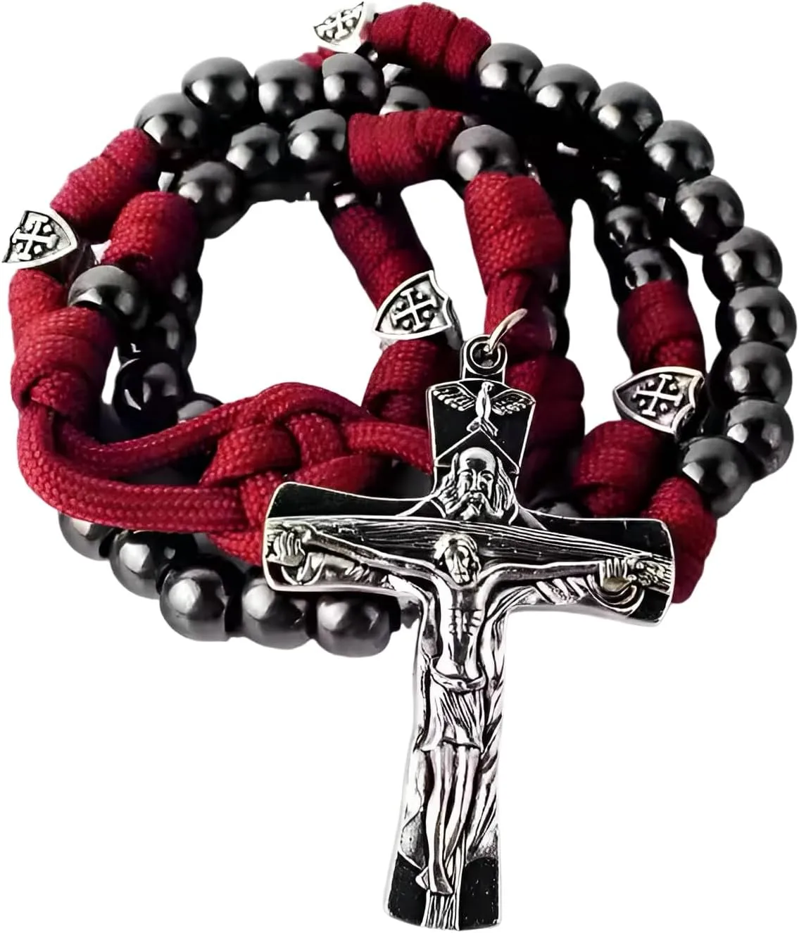 Intercession Handcrafted Paracord Rosary, Black Methalic Beads with Red Braided Cord, Jerusalem Cross Accents