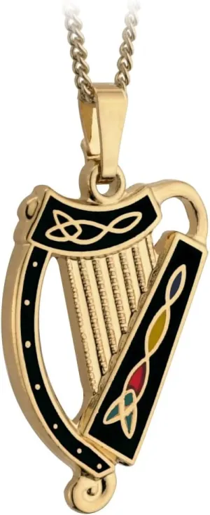Irish Harp Necklace Gold Plated & Black Enamel Made in Ireland