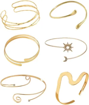 ItsStarred Minimalist Arm Cuff Gold, Arm Cuff Upper Arm Bracelet, Upper Arm Cuff Bangle, Upper Arm Cuff Jewelry for Women, Adjustable Armband Set 6 Pieces
