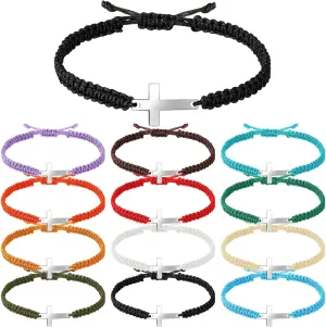 Jadive 12 Pcs Friendship Cross Bracelet Bulk for Women Men Jesus Christian Handmade Adjustable String Nylon Rope Braided Matching Bracelet for Graduation Baptism BFF Lucky Gifts