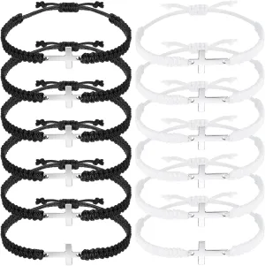 Jadive 12 Pcs Friendship Cross Bracelet Bulk for Women Men Jesus Christian Handmade Adjustable String Nylon Rope Braided Matching Bracelet for Graduation Baptism BFF Lucky Gifts