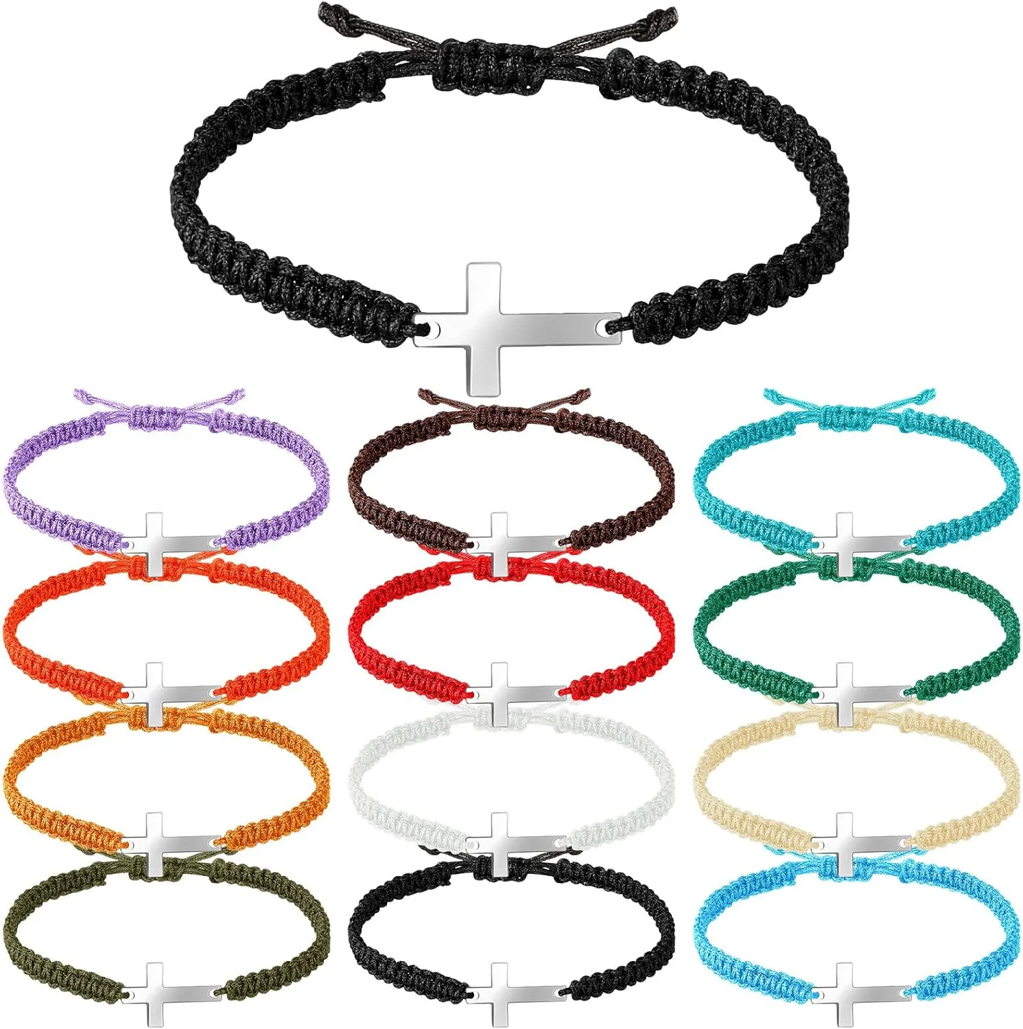Jadive 12 Pcs Friendship Cross Bracelet Bulk for Women Men Jesus Christian Handmade Adjustable String Nylon Rope Braided Matching Bracelet for Graduation Baptism BFF Lucky Gifts