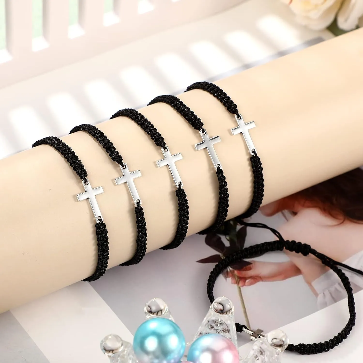 Jadive 12 Pcs Friendship Cross Bracelet Bulk for Women Men Jesus Christian Handmade Adjustable String Nylon Rope Braided Matching Bracelet for Graduation Baptism BFF Lucky Gifts