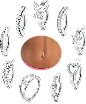 JeryWe 9 Pcs 14G Clicker Belly Button Rings for Women Gold Silver Surgical Steel Belly Rings Belly Piercing Curved Reverse Navel Small Hoop Belly Button Rings Body Piercing Jewelry 10/12MM