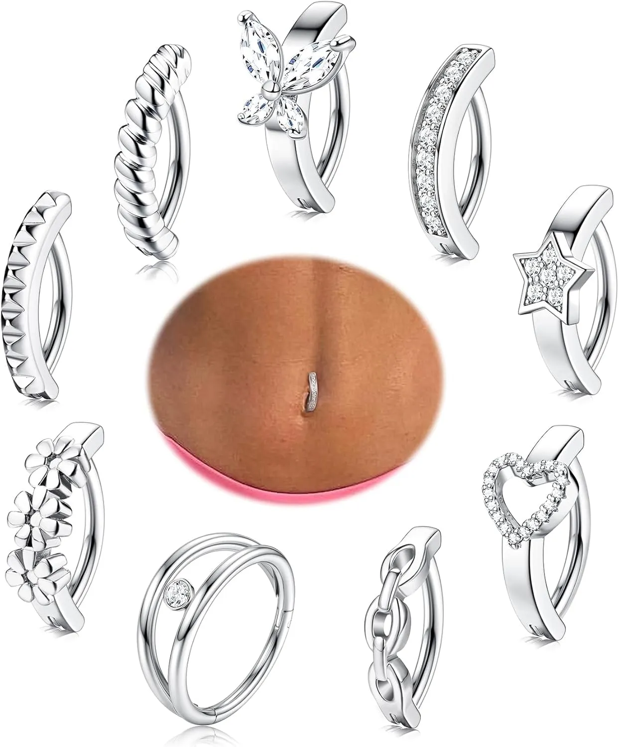 JeryWe 9 Pcs 14G Clicker Belly Button Rings for Women Gold Silver Surgical Steel Belly Rings Belly Piercing Curved Reverse Navel Small Hoop Belly Button Rings Body Piercing Jewelry 10/12MM