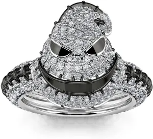 Jeulia Gothic Skull Diamond Rings: Sterling Silver Round Cut Skeleton Rings Band Halloween Romantic Jewelry Gifts for Her CZ Solitaire Engagement Rings Anniversary with Box
