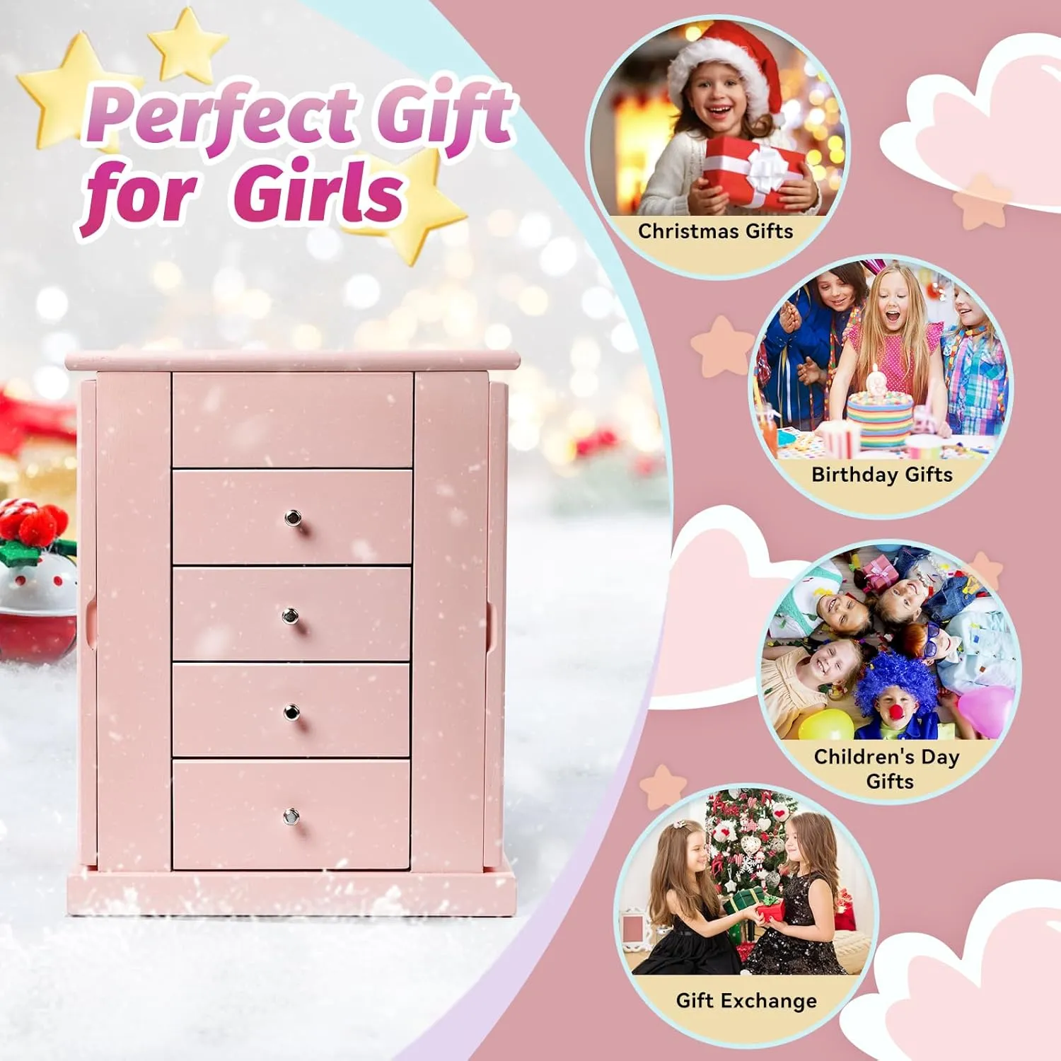 Jewelry Box for Girls, Musical Jewelry Box with Spinning Dancer Gifts for Little Girls Christmas New Year Birthday Children's Day, 5 Layer Large Wooden Kids Music Jewelry Organizer Box(Pink)