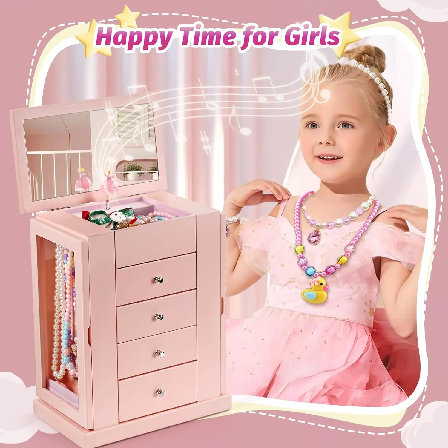Jewelry Box for Girls, Musical Jewelry Box with Spinning Dancer Gifts for Little Girls Christmas New Year Birthday Children's Day, 5 Layer Large Wooden Kids Music Jewelry Organizer Box(Pink)