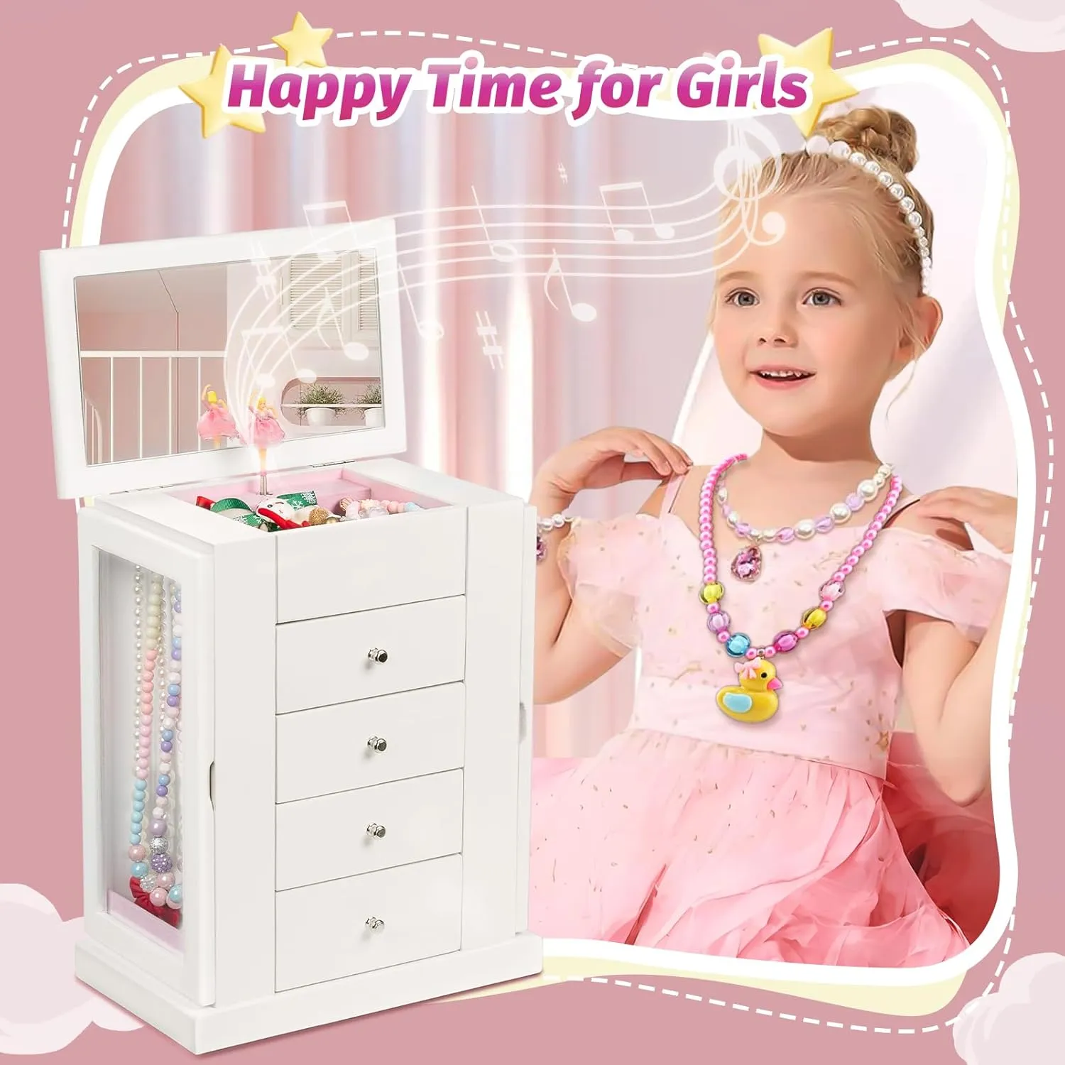 Jewelry Box for Girls, Musical Jewelry Box with Spinning Dancer Gifts for Little Girls Christmas New Year Birthday Children's Day, 5 Layer Large Wooden Kids Music Jewelry Organizer Box(White)