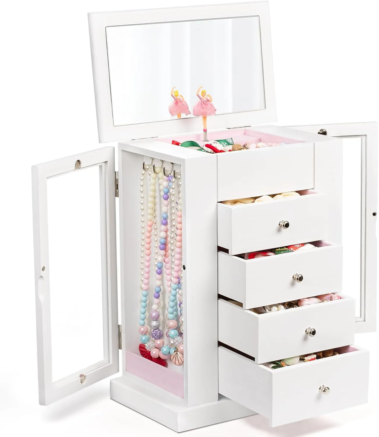 Jewelry Box for Girls, Musical Jewelry Box with Spinning Dancer Gifts for Little Girls Christmas New Year Birthday Children's Day, 5 Layer Large Wooden Kids Music Jewelry Organizer Box(White)