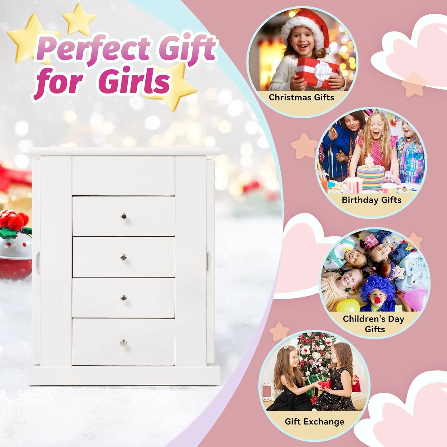 Jewelry Box for Girls, Musical Jewelry Box with Spinning Dancer Gifts for Little Girls Christmas New Year Birthday Children's Day, 5 Layer Large Wooden Kids Music Jewelry Organizer Box(White)