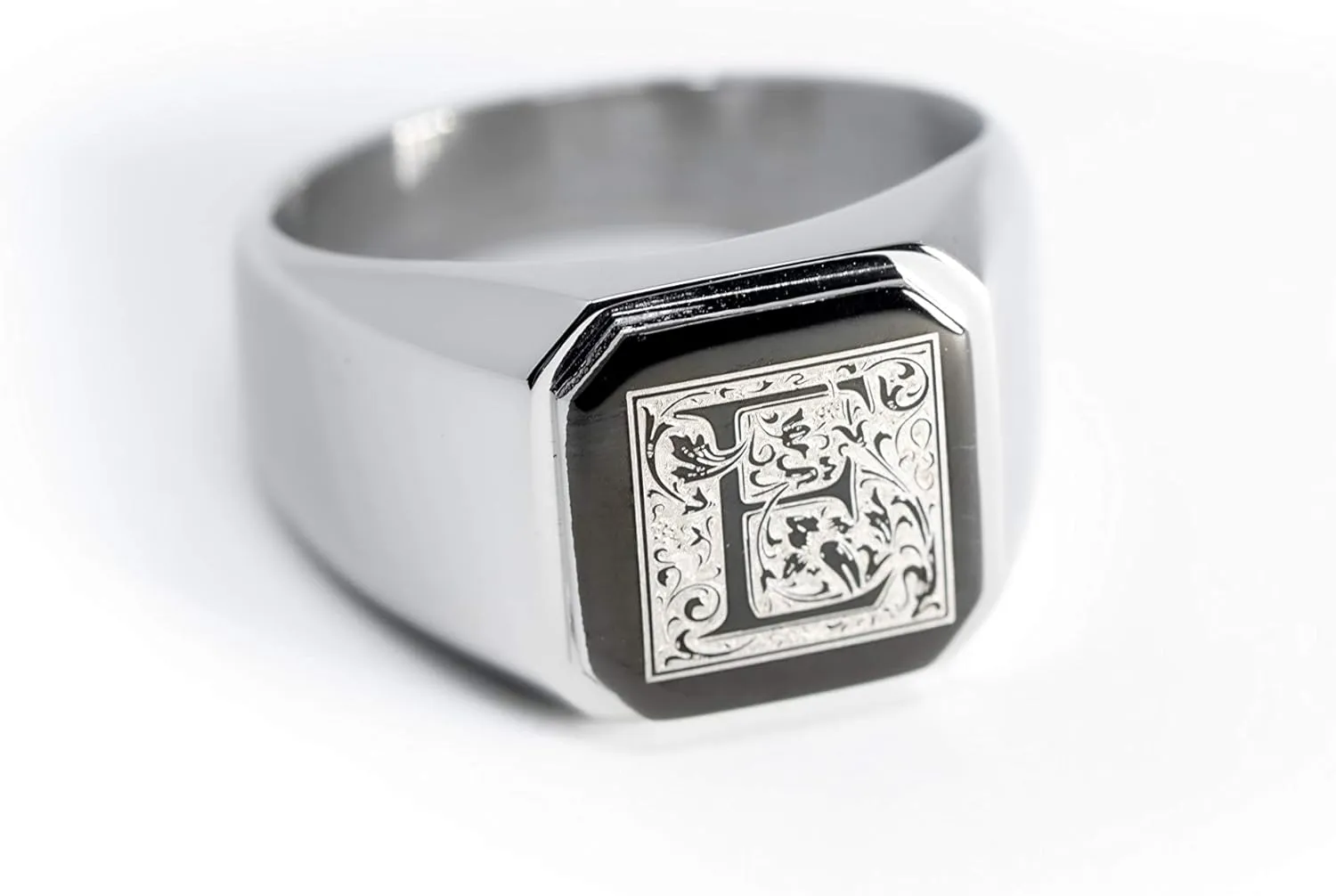 Jewelry | Stainless Steel Letter Alphabet Initial Ring | Square Flat Top Ring for Men & Women | Stainless Steel Jewelry, (Black, Gold, Silver), Size 7-16