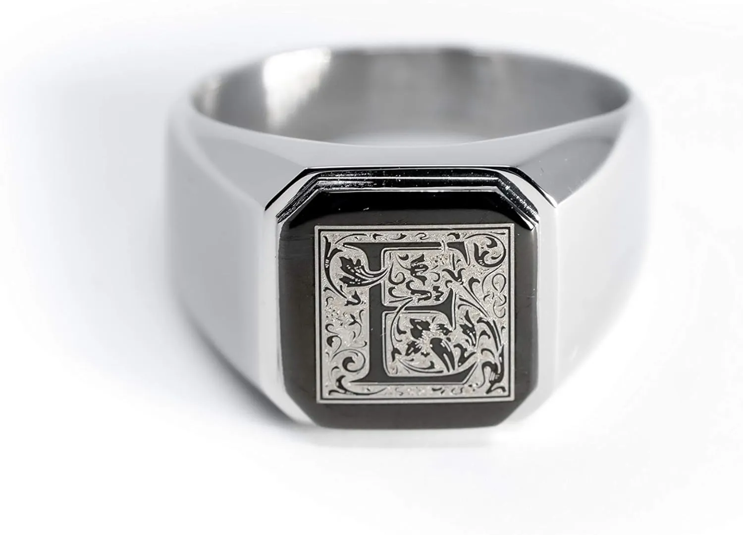 Jewelry | Stainless Steel Letter Alphabet Initial Ring | Square Flat Top Ring for Men & Women | Stainless Steel Jewelry, (Black, Gold, Silver), Size 7-16