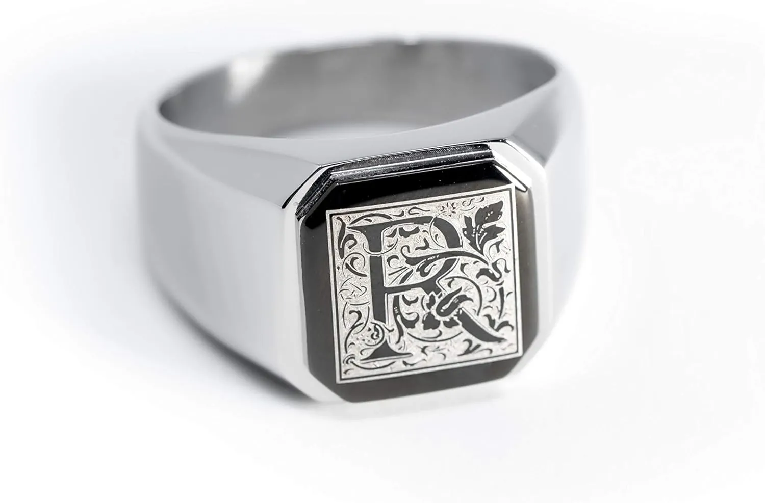 Jewelry | Stainless Steel Letter Alphabet Initial Ring | Square Flat Top Ring for Men & Women | Stainless Steel Jewelry, (Black, Gold, Silver), Size 7-16