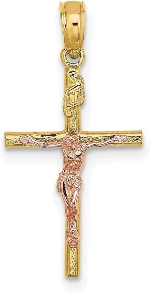 JewelryWeb 14k Gold 12mm Stick Religious Faith Cross Crucifix With Pink Jesus Pendant Necklace for Women