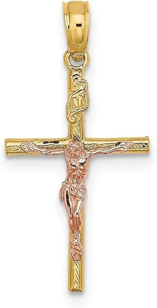JewelryWeb 14k Gold 12mm Stick Religious Faith Cross Crucifix With Pink Jesus Pendant Necklace for Women