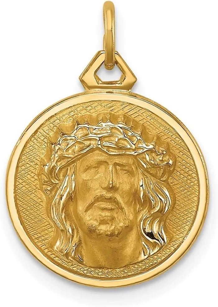 JewelryWeb 14k Solid Yellow Gold Hollow Polished Satin Small Round Religious Faith Inspiration Jesus Medal Pendant Necklace-Pendant for Women