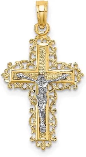 JewelryWeb 15mm 14k Two tone Gold Crucifix With Lace Trim and White Religious Faith Inspiration Jesus Pendant Necklace for Women