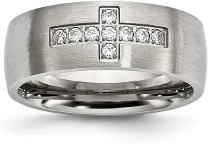 JewelryWeb 7.75mm Stainless Steel Brushed CZ Simulated Diamond Religious Faith Cross Ring Size 12 Band Style-Ring for Women