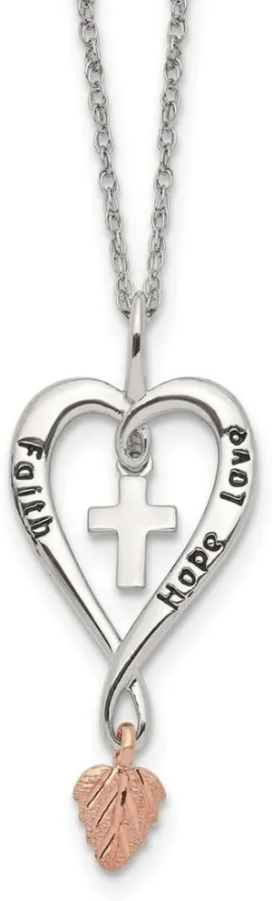 JewelryWeb 925 Sterling Silver Dangle Artisan Oxidized Spring-Ring Polished and satin and 12k Rose Leaf Faith Hope Love Heart Necklace 18 Inch Pendant-Necklace for Women