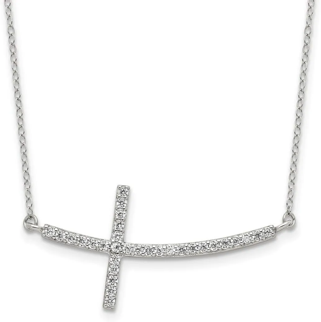 JewelryWeb 925 Sterling Silver Polished Spring-Ring With CZ Simulated Diamond Sideways Religious Faith Cross With 2 In Ext Necklace 16 Inch 18.7mm Wide Pendant-Necklace for Women