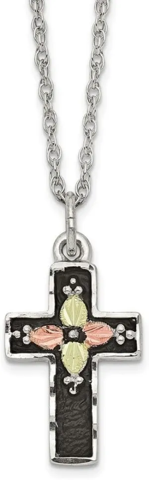 JewelryWeb 925 Sterling Silver Spring-Ring Polished and satin and 12k Artisan Oxidized Religious Faith Cross Necklace 18 Inch Pendant-Necklace for Women