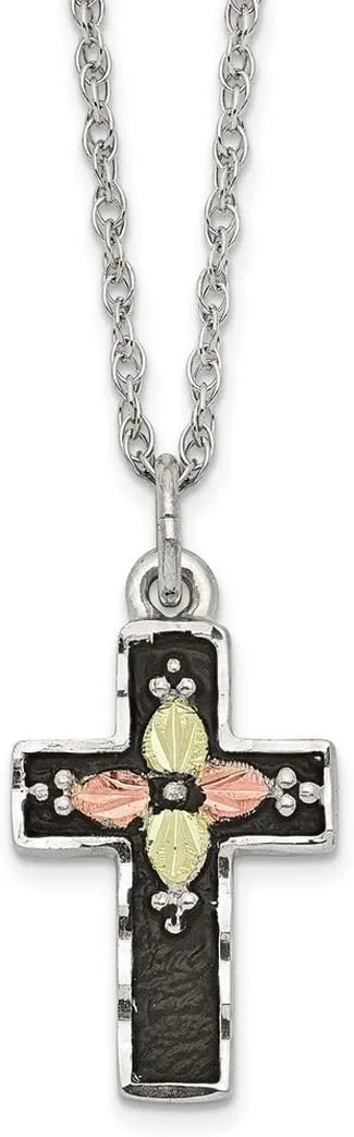 JewelryWeb 925 Sterling Silver Spring-Ring Polished and satin and 12k Artisan Oxidized Religious Faith Cross Necklace 18 Inch Pendant-Necklace for Women