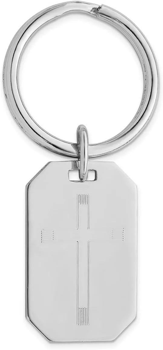 JewelryWeb Solid Polished Patterned Rhodium Plated Religious Faith Cross Engravable Key Ring Key Chain for Men